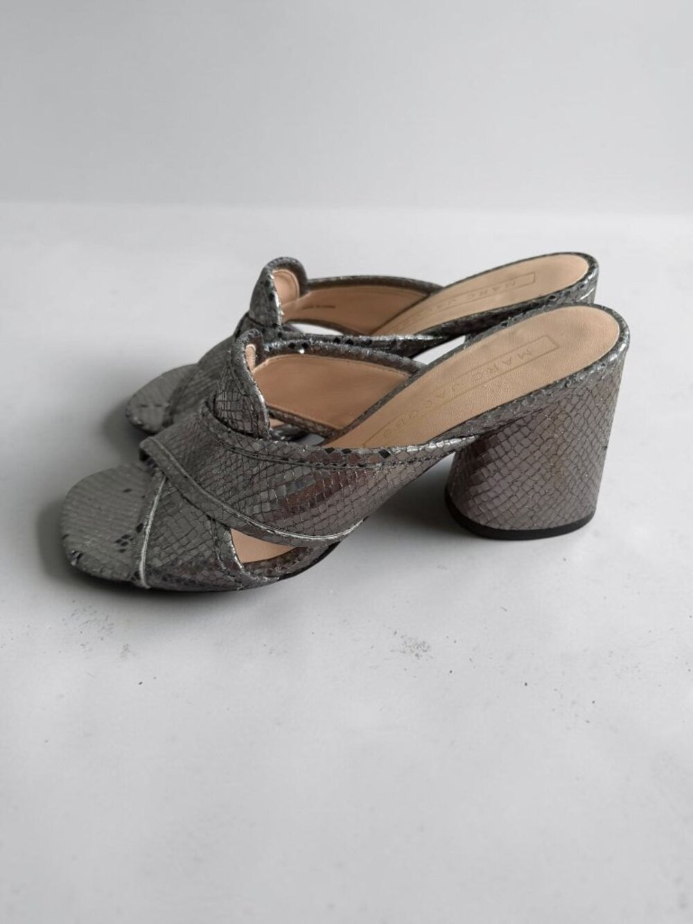 MARC JACOBS Pewter Silver Metallic Leather Block Heels Sandals Size 37.5 US 7.5